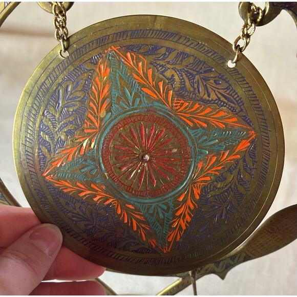 Vintage Brass Table Gong w/ Wooden Mallet – Ornate Painted Décor, No Sound - Picture 3 of 9